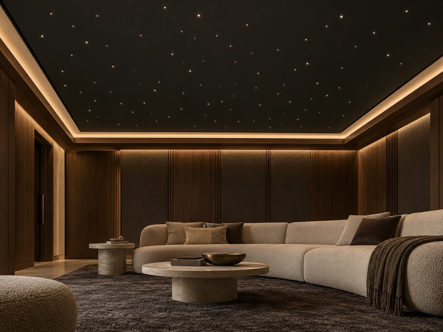 AI-generated concept of a dark starlight ceiling with sparse points of light and warm perimeter lighting above a wood-lined lounge