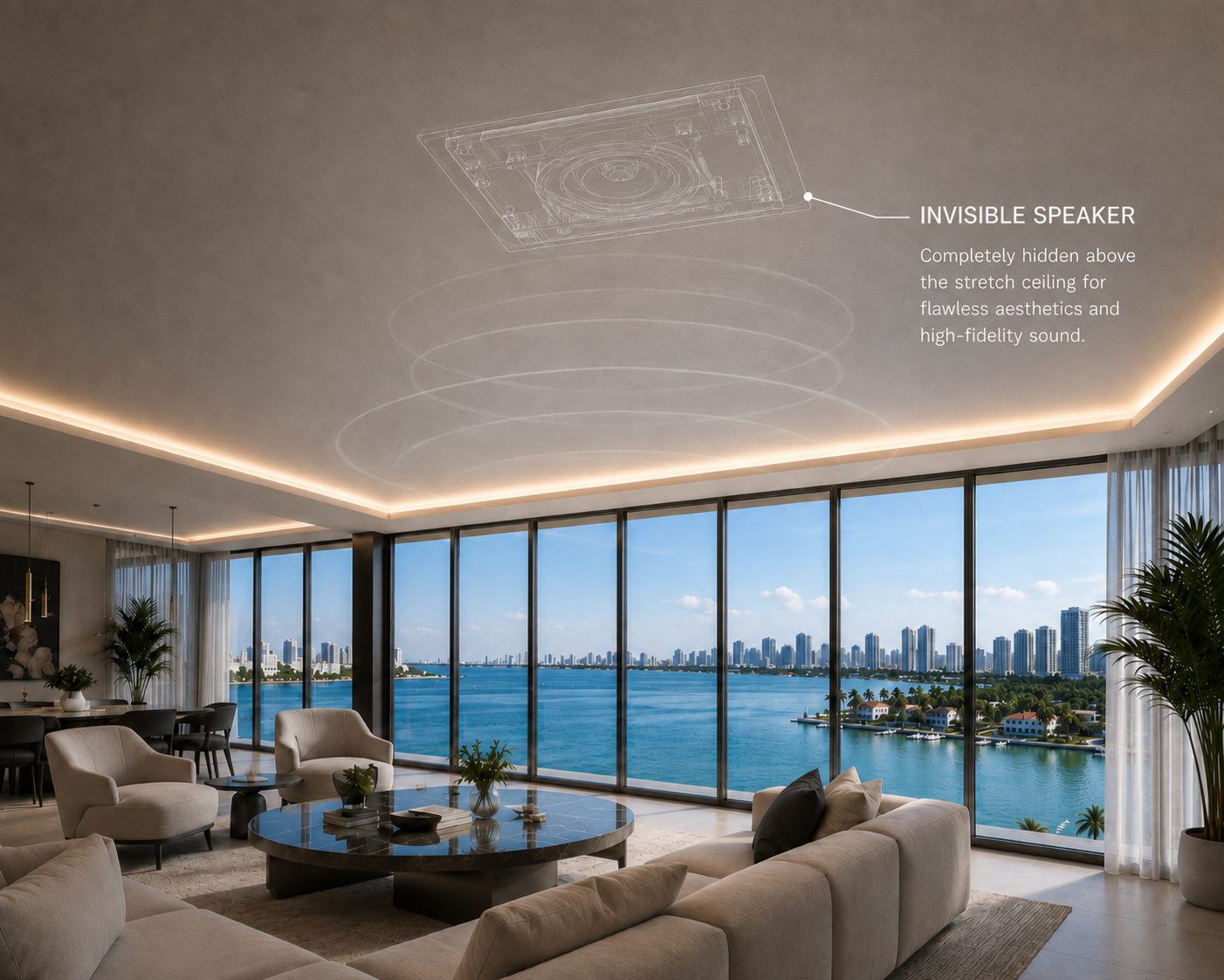 Diagram of an invisible speaker mounted above a stretch ceiling in a luxury waterfront living room, showing sound waves passing through the acoustically transparent membrane