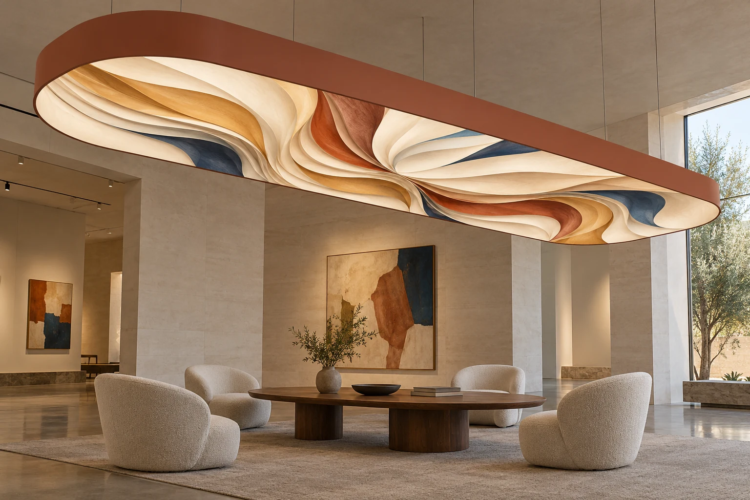 Concept of a luminous form with printed artwork on a flat membrane creating a 3D visual effect