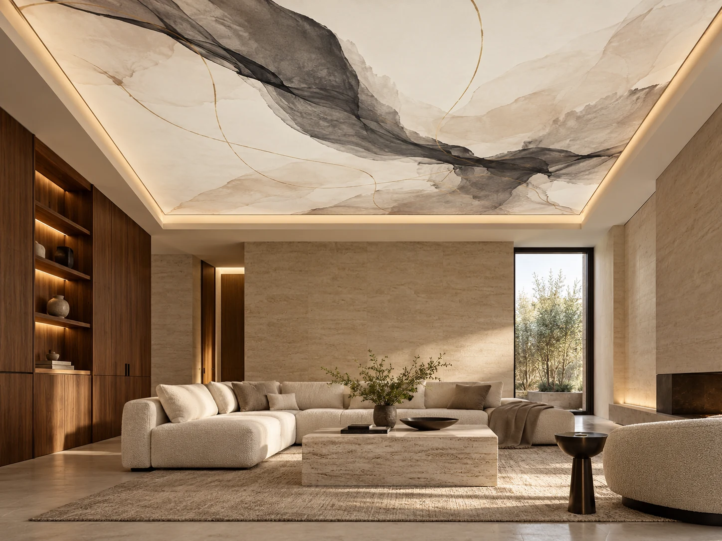 AI-generated concept of a printed-art ceiling membrane with flowing charcoal, stone-toned and gold abstract artwork above a refined living room