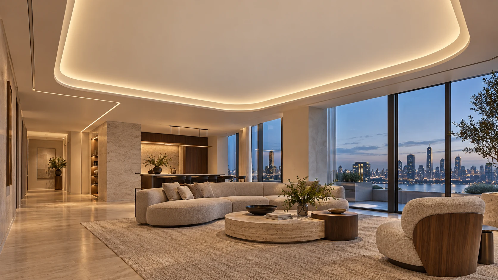 AI-generated concept of a living room with a curved illuminated tray ceiling and a linear light path extending toward the dining area
