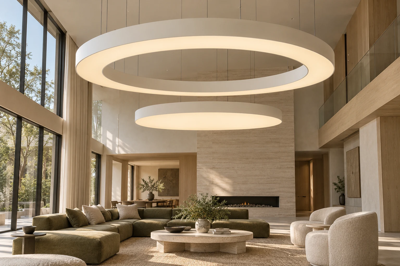 Concept of open and solid luminous rings and ovals suspended in an interior
