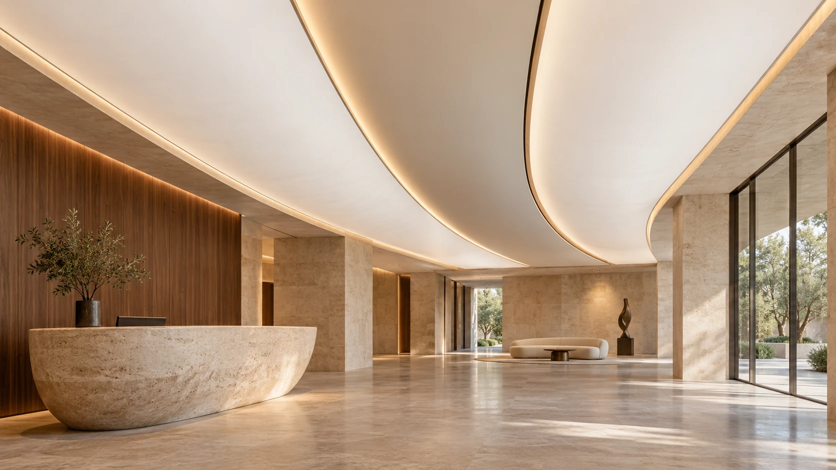 AI-generated concept of a sculptural ceiling with sweeping three-dimensional curves and warm light lines above a stone-clad lobby