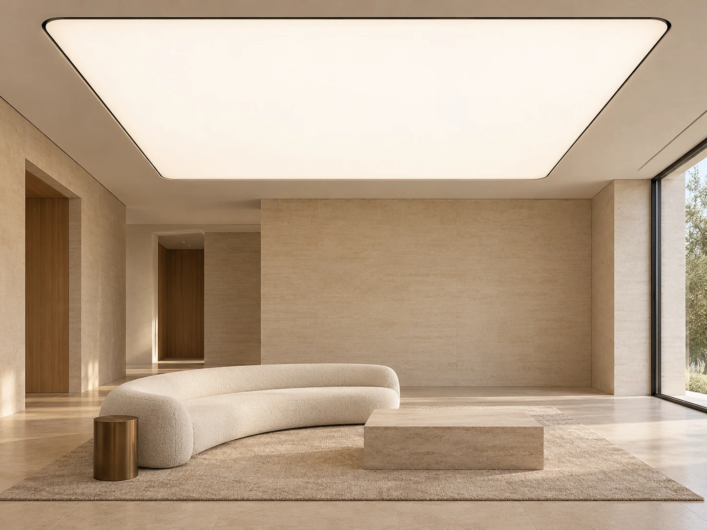 AI-generated concept of a softly illuminated rectangular ceiling plane with rounded corners above a minimalist living room