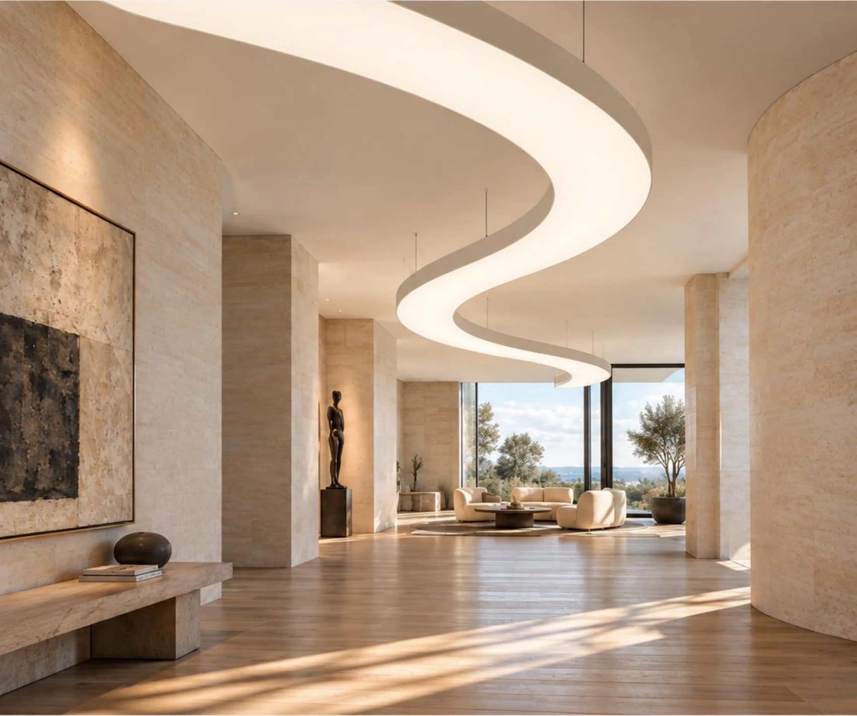 Architectural concept of a continuous curved luminous aluminum light form through a spacious commercial interior