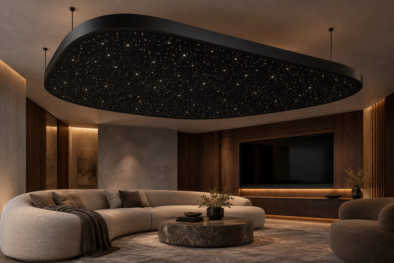 Concept of a custom-shaped luminous form with starlight pinpoints in its membrane