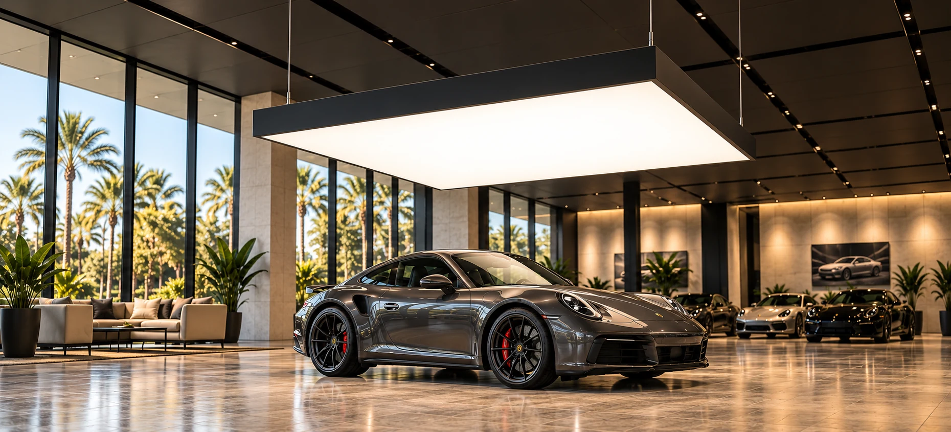 AI-generated concept of a black suspended rectangular luminous lightbox above a sports car in a showroom