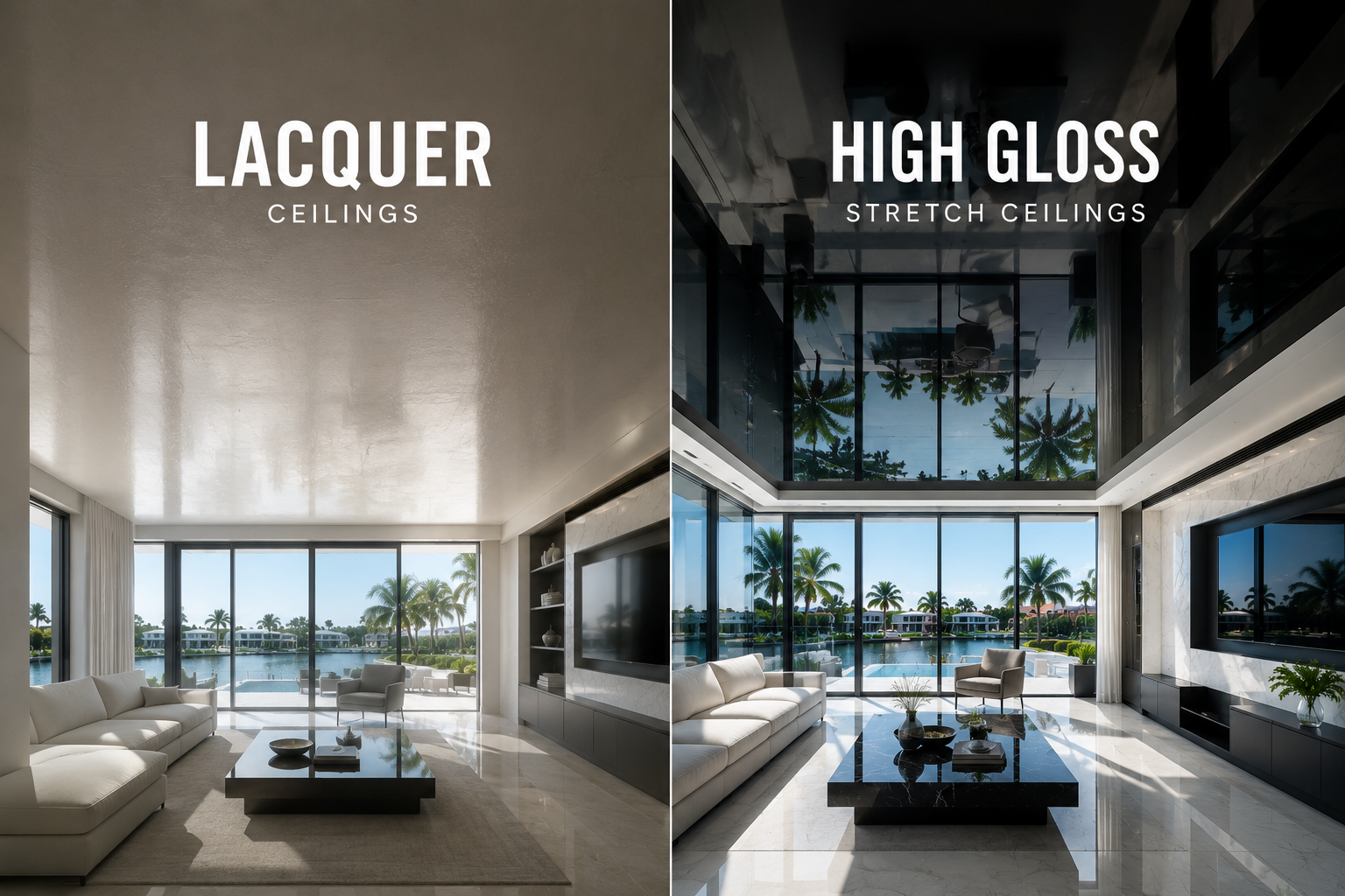 Side-by-side comparison: traditional lacquer ceiling versus modern high gloss stretch ceiling in luxury South Florida interiors