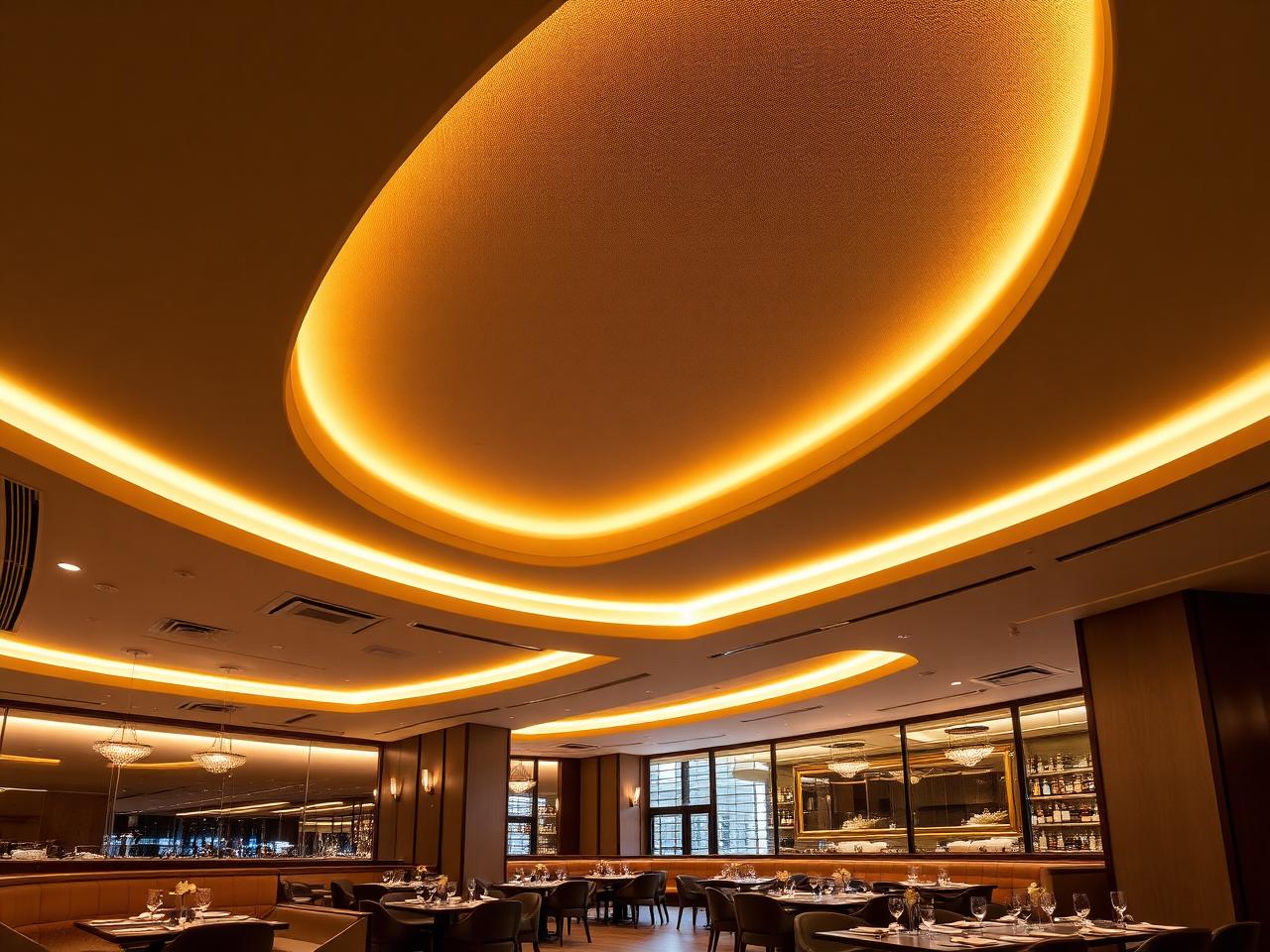 Modern restaurant interior with floating stretch ceiling and integrated warm perimeter cove lighting