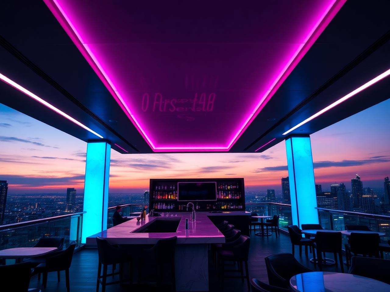 Rooftop cocktail bar with floating stretch ceiling and RGB color-changing perimeter glow lighting