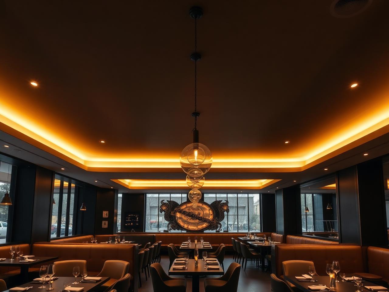 Modern hospitality interior with seamless architectural stretch ceiling and integrated cove lighting