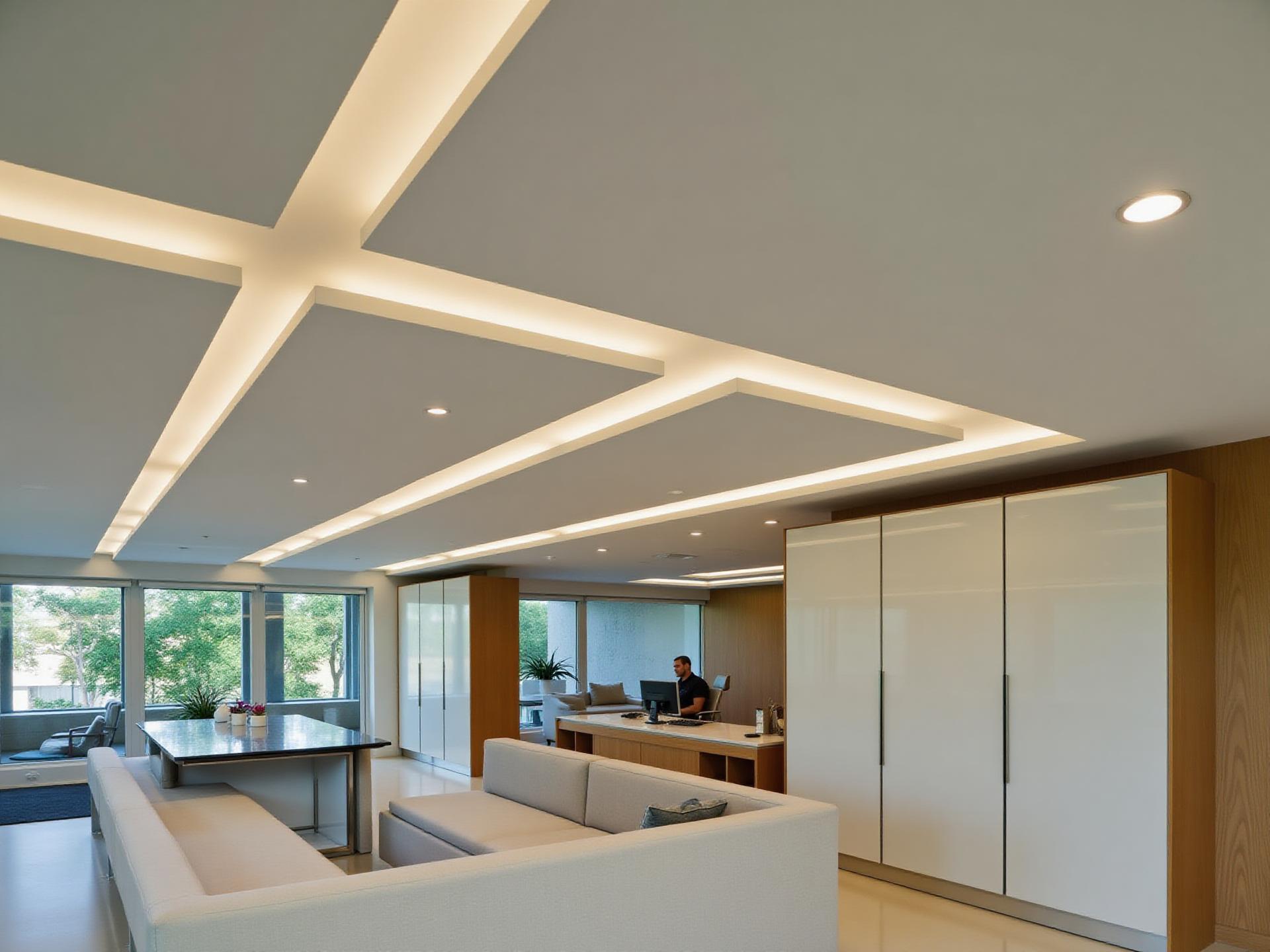 Linear LED lighting integrated into a stretch ceiling beneath a concrete slab