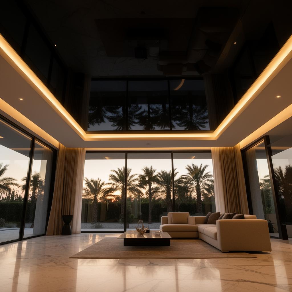 Mirror-like high gloss stretch ceiling reflecting a modern luxury interior