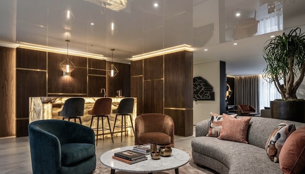 Modern South Florida waterfront luxury interior with reflective high gloss ceiling
