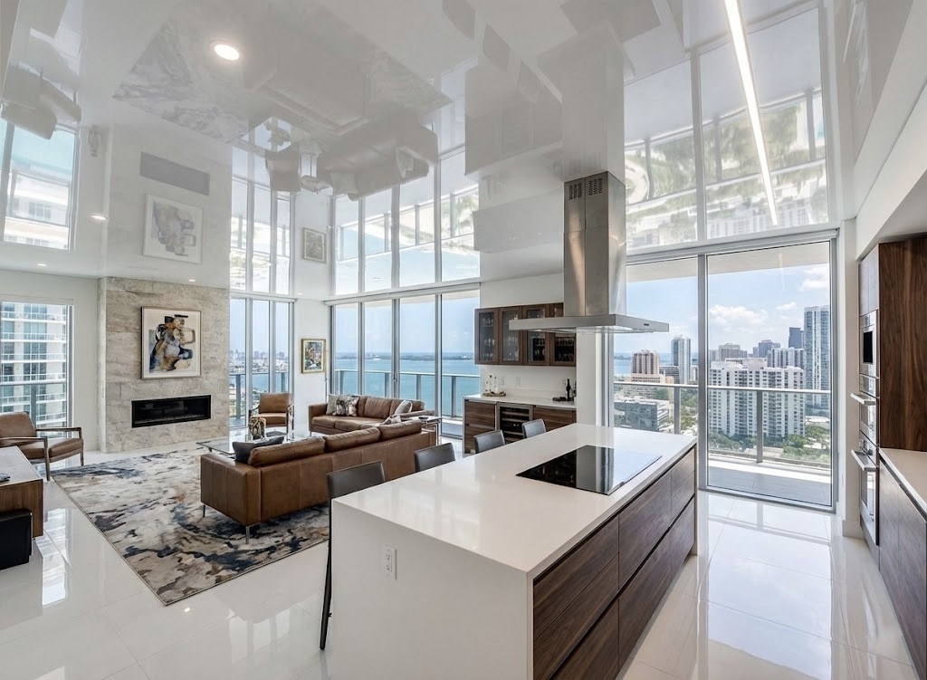 Modern luxury penthouse interior with mirror-like high gloss stretch ceiling and integrated cove lighting