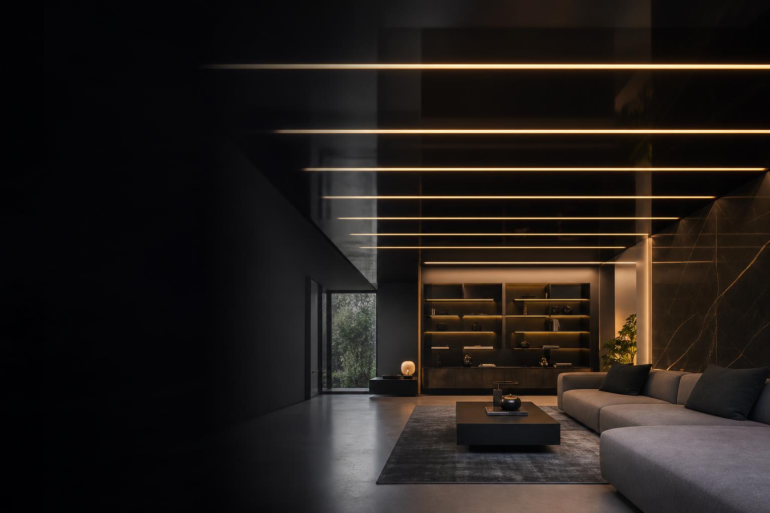 Architectural stretch ceiling with integrated linear lighting in luxury Palm Beach interior