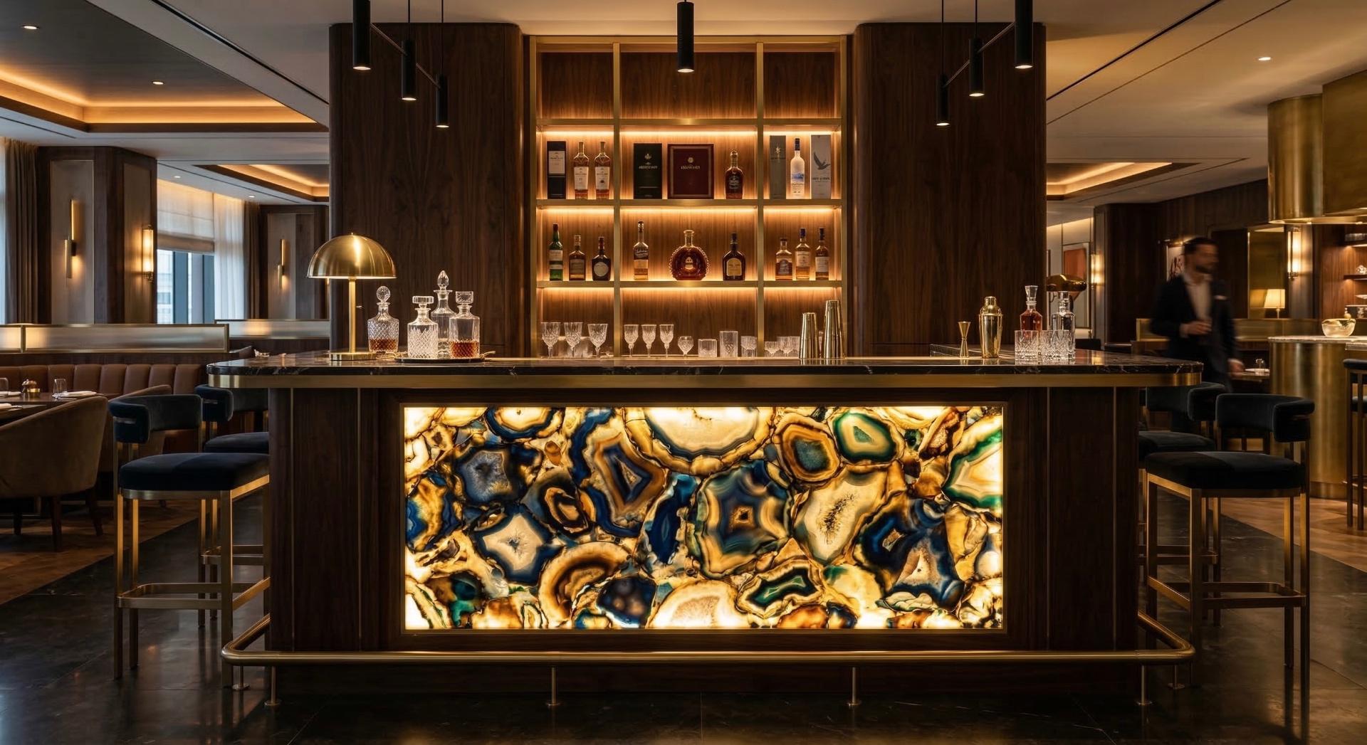 Stretch ceiling installed above a bar counter in a luxury hospitality space