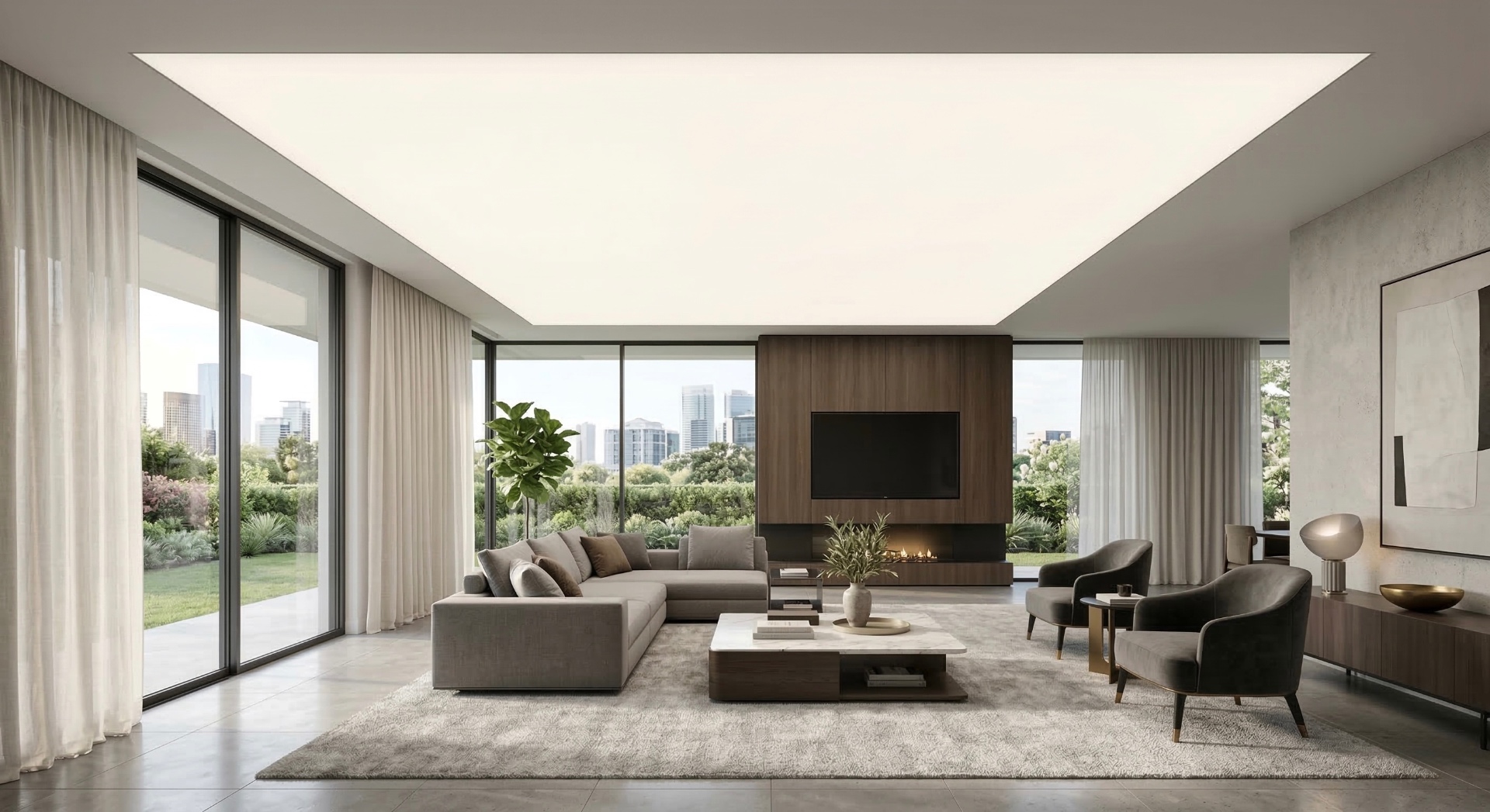 Luxury living room with seamless backlit luminous stretch ceiling
